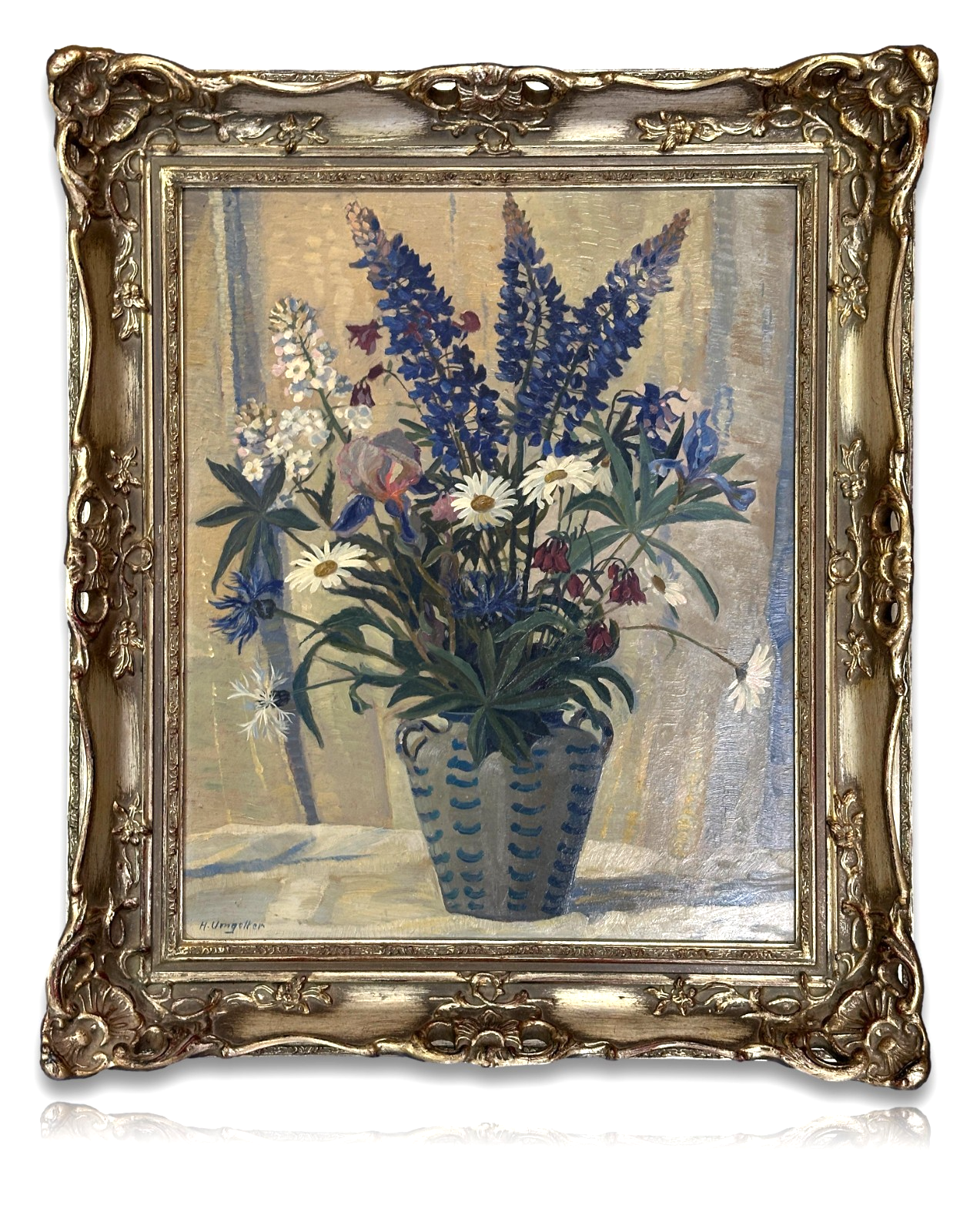 H. L. Umgelter – Florales Stillleben mit Lupinen, Lein & Lilien – Öl auf Platte0