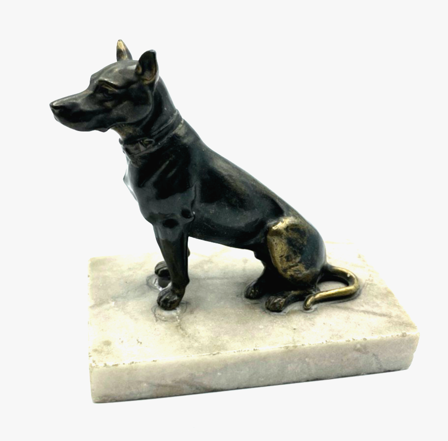 Antik Metall Hund Figur auf Alabaster Sockel aparte Hundeplastik Tierplastik0