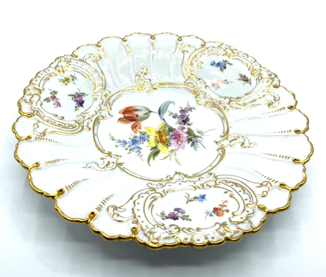 Antik Meissen Porzellan Prunkteller 1. Wahl Blumenbukett Goldstaffage Ø 23 cm2