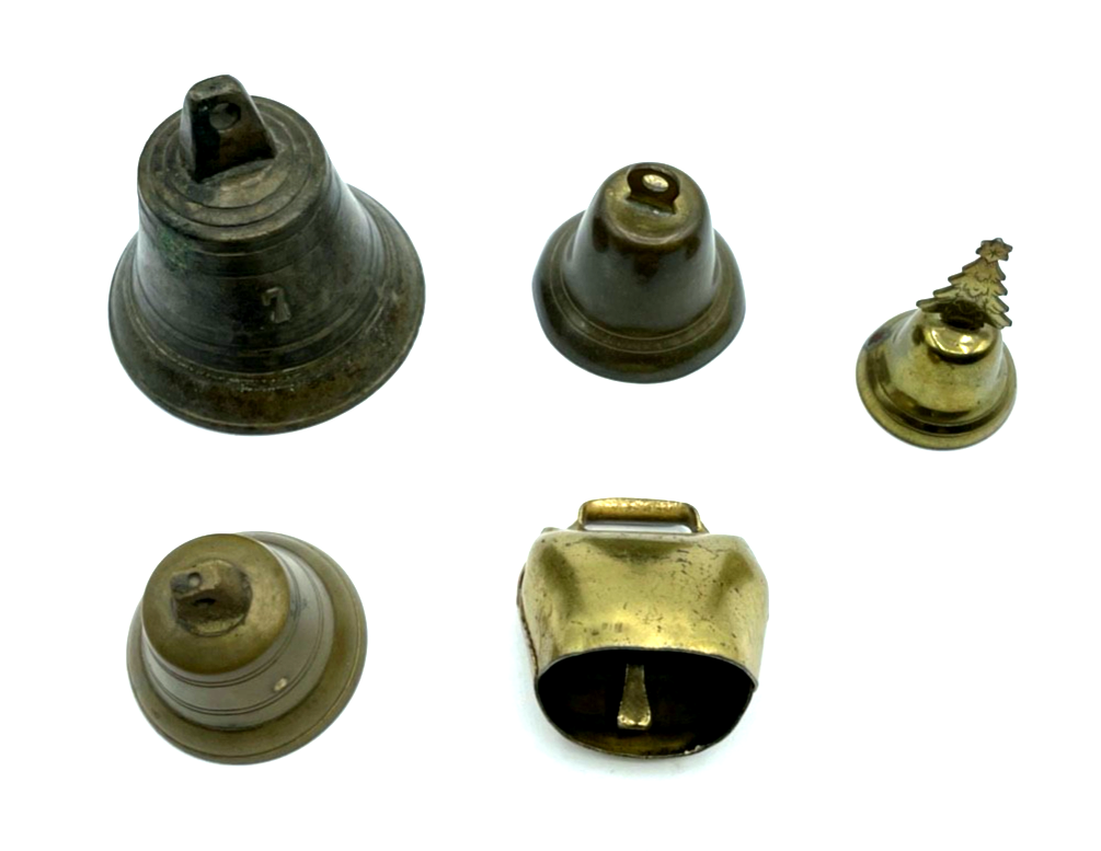 Vintage Konvolut 5 kleine Glocken aus Bronze und Messing gepflegt Dachbodenfund0