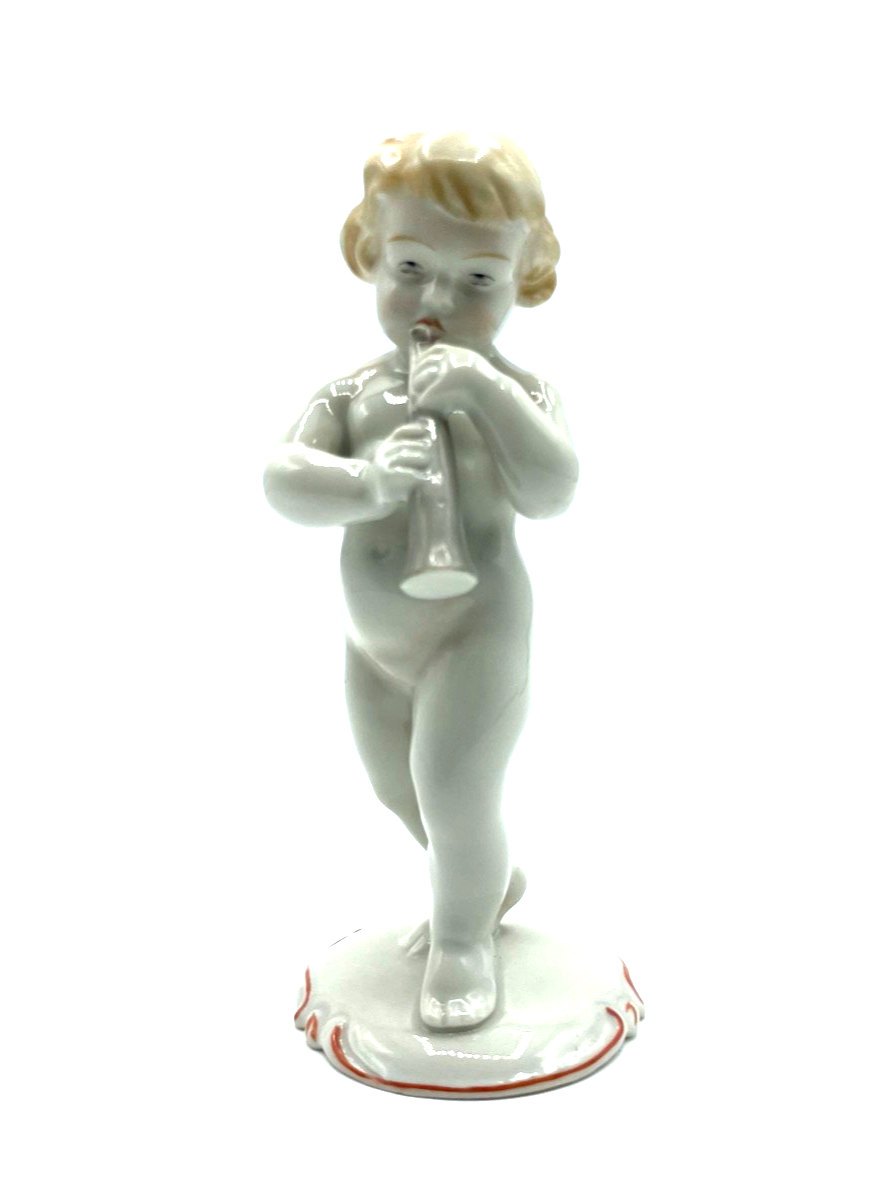 Antik Metzler & Ortloff Porzellan Figur Nackedei mit Flöte 20er J  Putte H 12 cm1