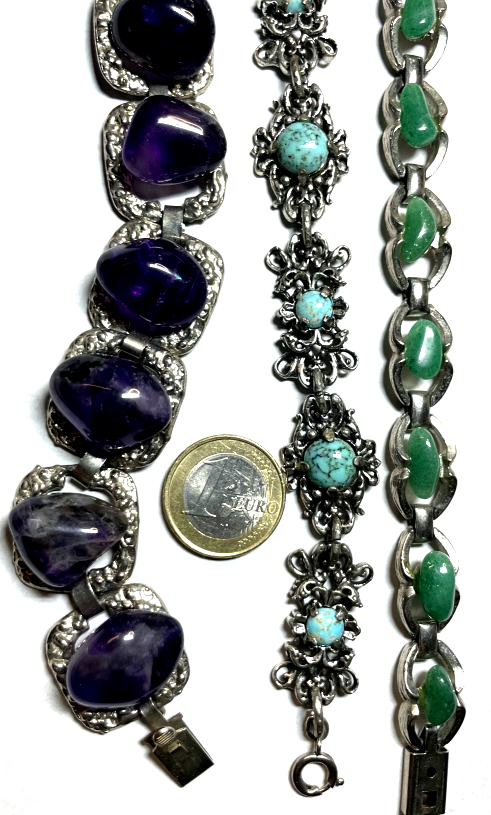 3 vintage Armbänder Armketten mit Edelstein Amethyst Aventurin 70er top gepflegt5