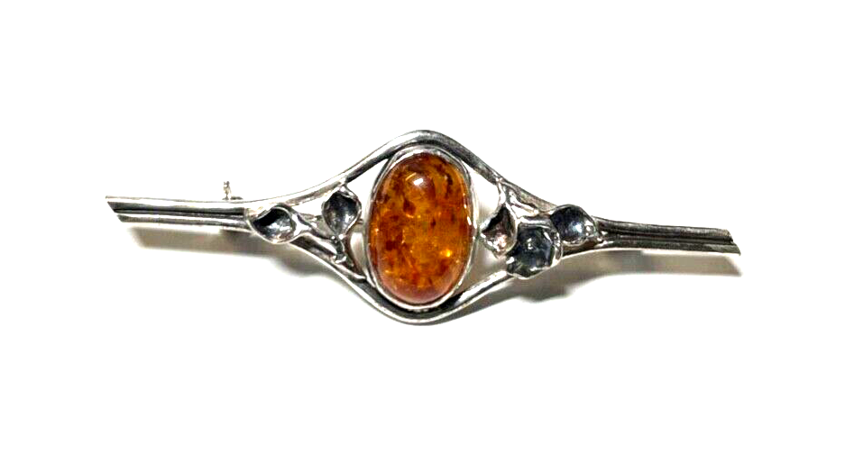 925 Silber Brosche Designer Anstecknadel Bernstein Cabochon JS Silberschmiede1