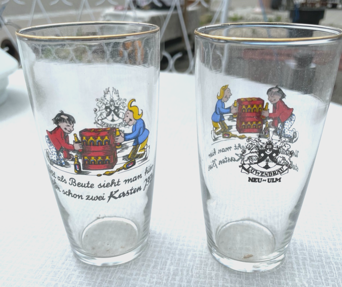 12 alte Wirtshaus Gläser Max + Moritz Dekor Löwenbräu Neu-Ulm unbenutzt 50er J4
