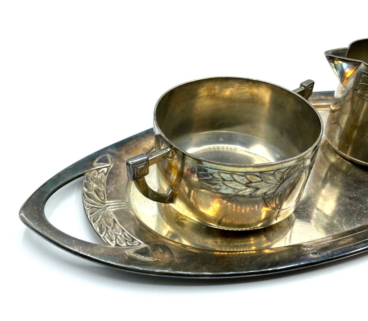 Jugendstil 3er Set Metall versilbert Tablett + Milchschütte + Zuckertopf gepfl.1