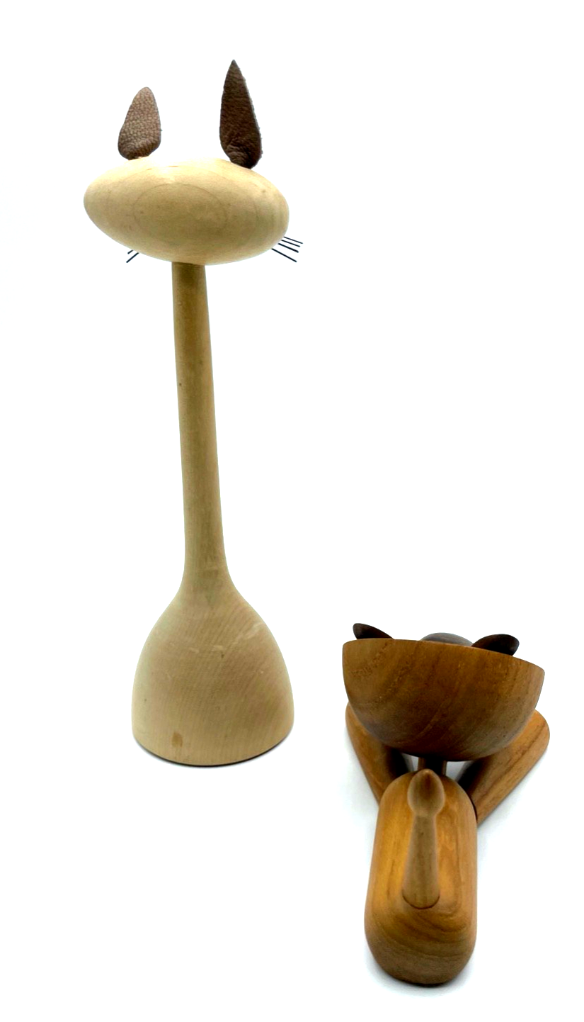 2x vintage Holzspielzeug Katze + Löwe Teakholz Handarbeit Skandinavien Design ?5