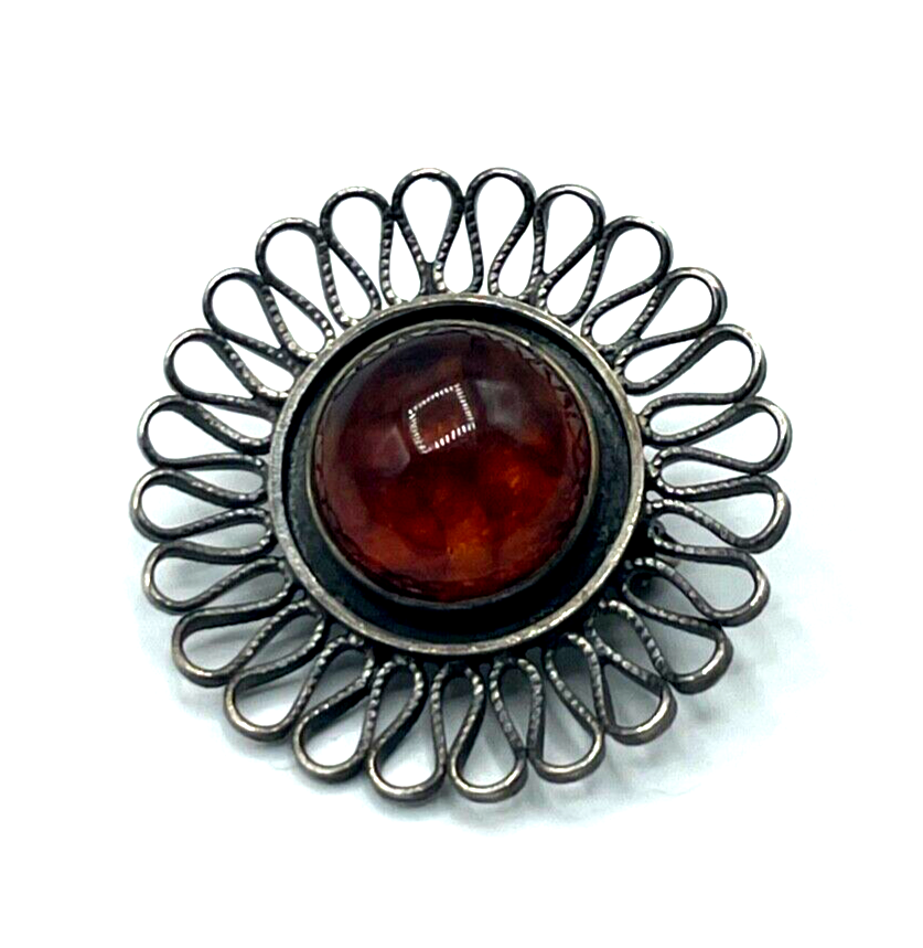 Vintage Silber Brosche Designer Anstecknadel Bernstein Cabochon apartes Modell4