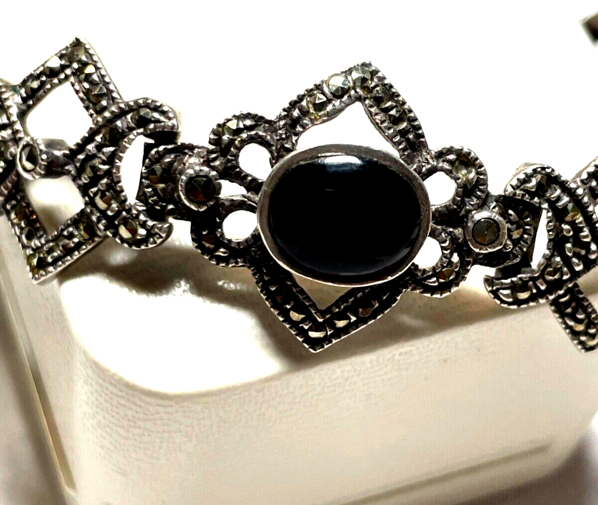 Traumhaftes solides 925 Silber Armband Handarbeit schwarzer Onyx + Markasit12