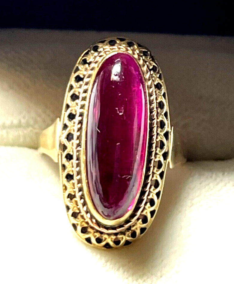 585 Gold 14 K antik Ring mit rotem Korund Farbstein Cabochon RG 47 Juwelier gepf6