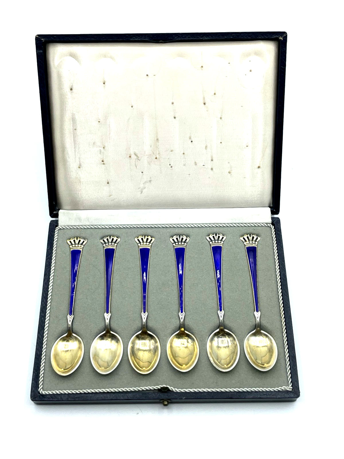 Ela Denmark Sterling Silber 6 Espresso Löffel Set Krone Emaille Etui vergoldet0