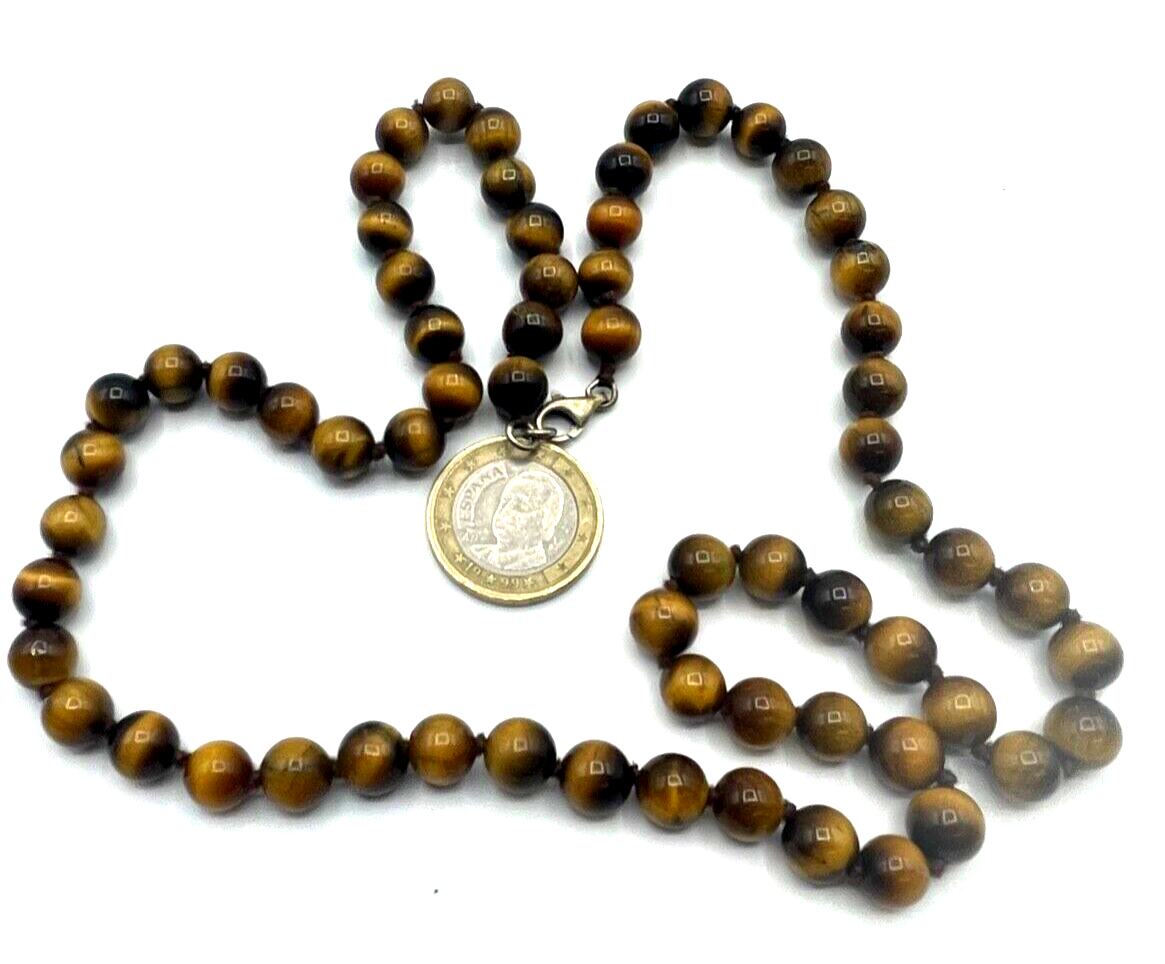 Vintage Tigerauge Kette Kugelkette mit 925 Silber Karabiner L 62 cm Ø 8 mm gepfl3