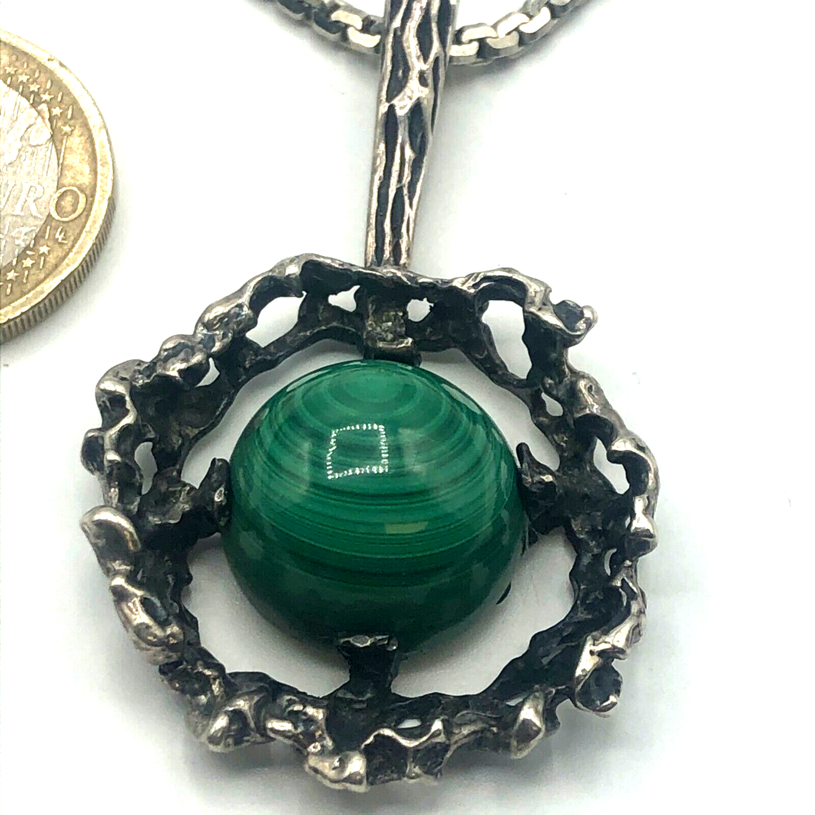 Designer CNP 835 Silber Anhänger Malachit Cabochon Modernist Brutalist 70er J0