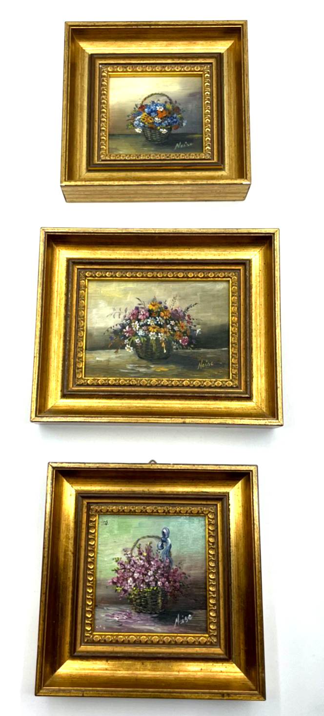 3 reizvolle kleine Ölgemälde Blumen Motive im Goldrahmen Kunstmalerin Neise0
