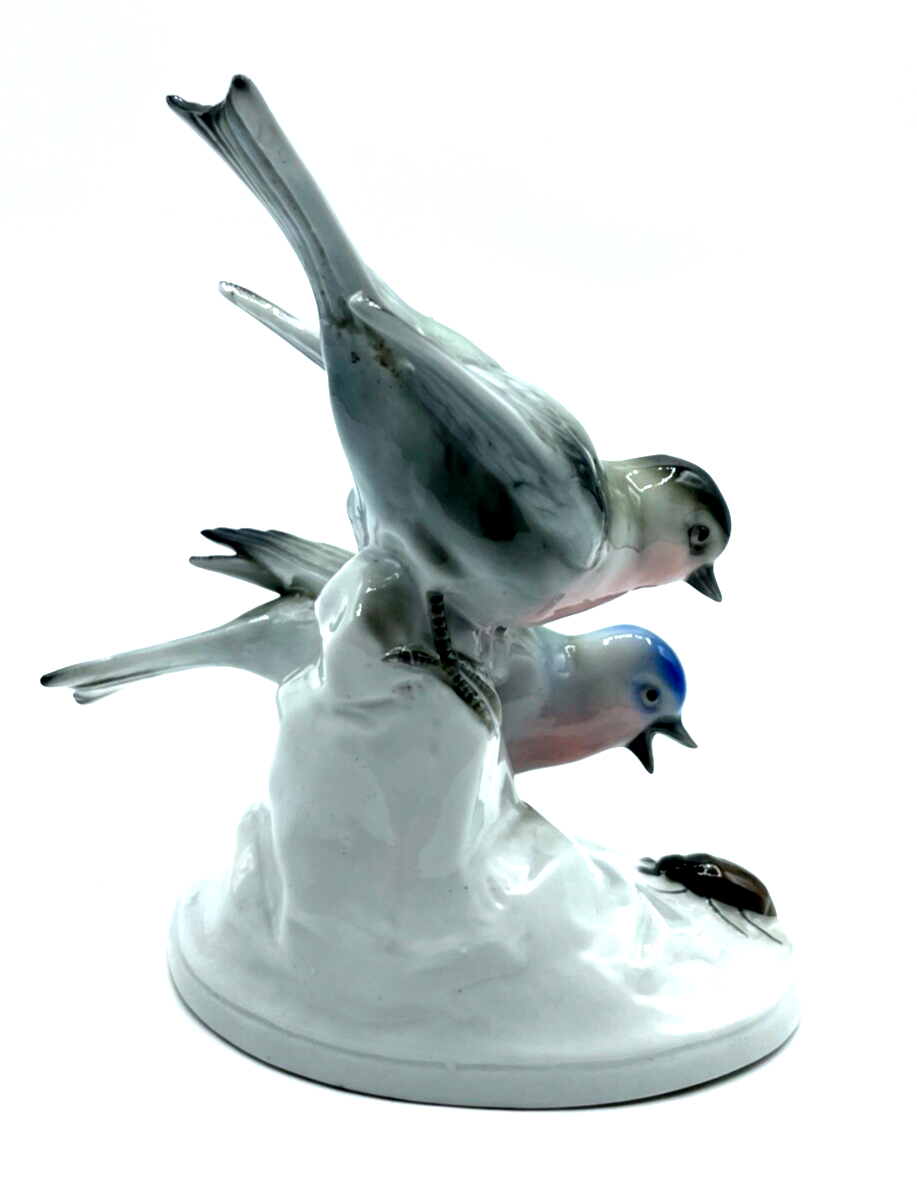 Antik Thuringia Porzellan Figur Vogelpaar + Maikäfer Thüringen handbemalt 19004