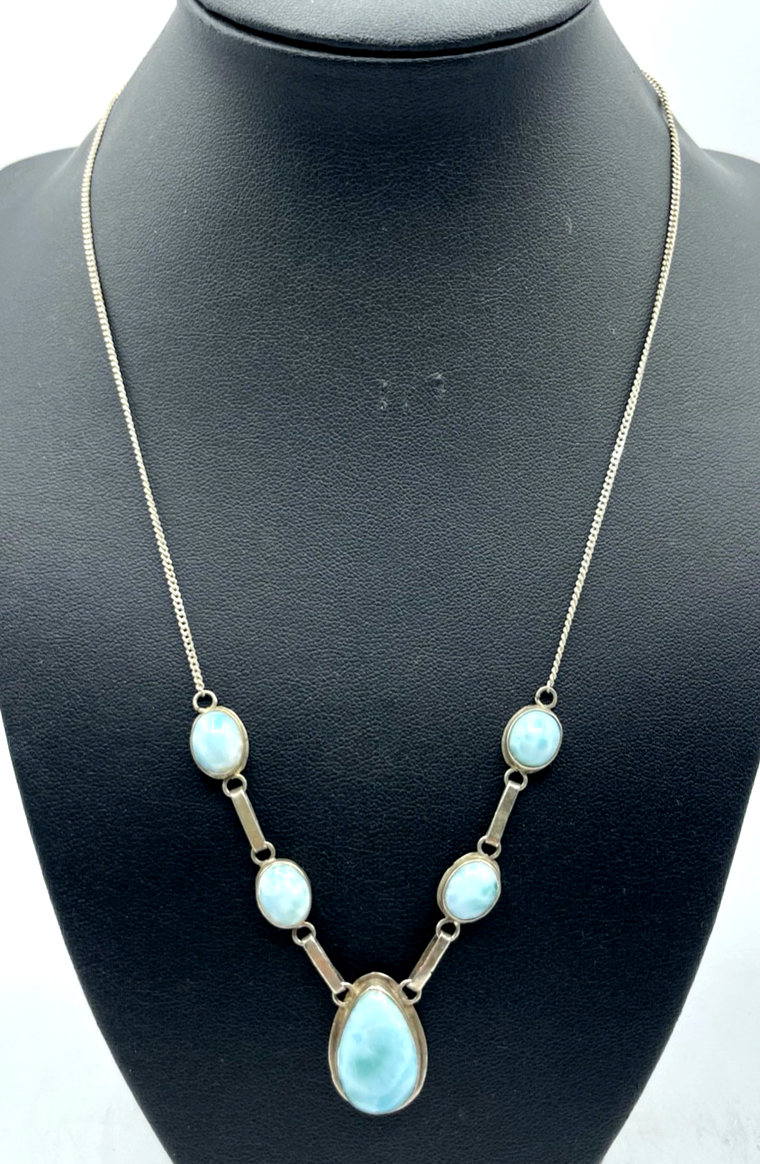Larimar Halskette Collier 5 Steine 925 Sterling Silber L 47,5 cm gepflegt0
