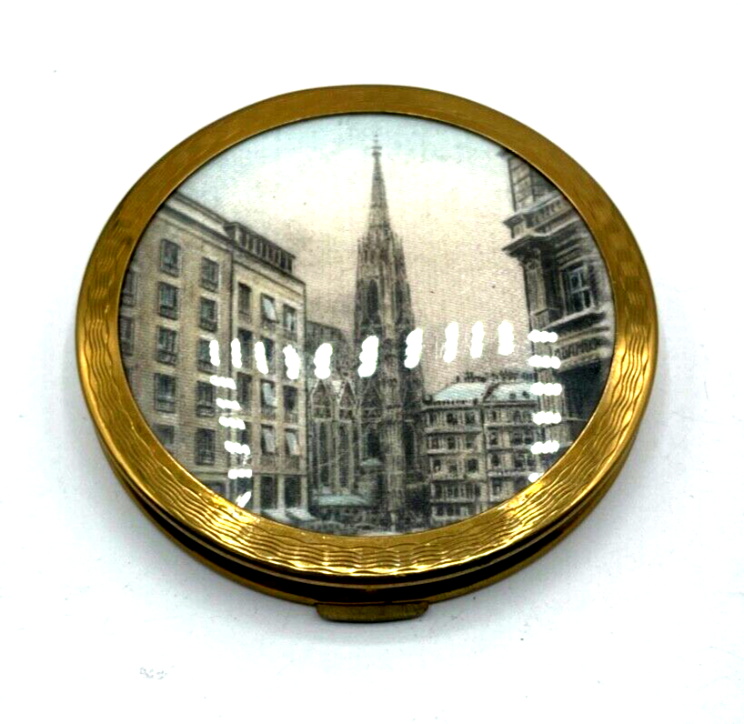 Vintage Puderdose aus Messing vergoldet 50erJ 60er Jahre Ulmer Münster auf Seide1