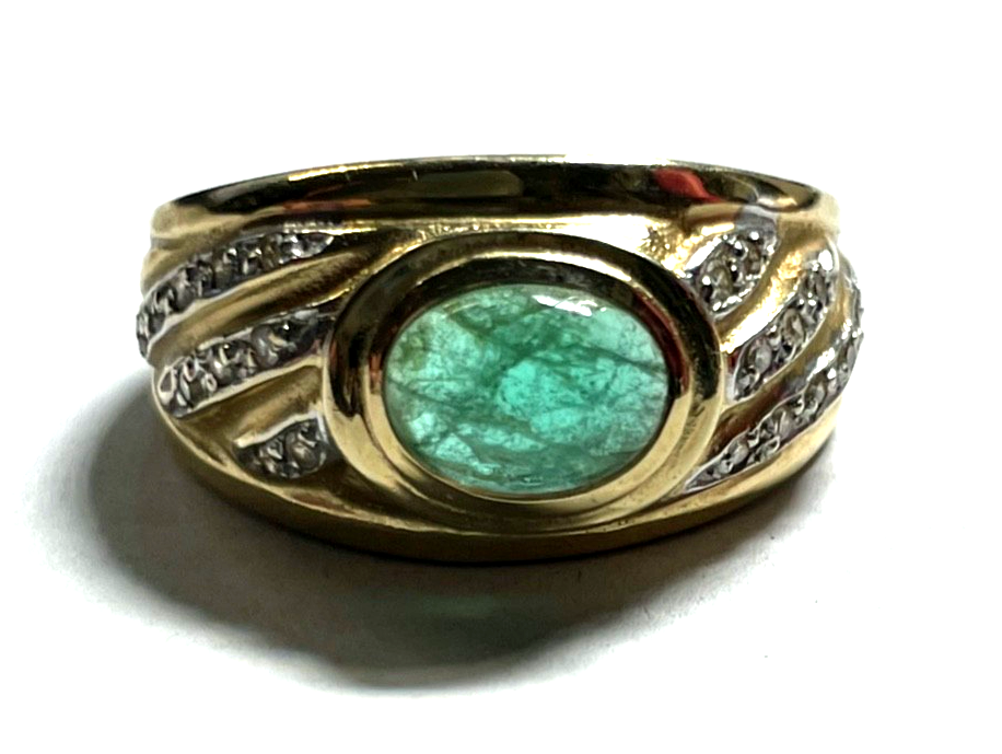 585 Gold 14 K Ring mit Smaragd Cabochon + Brillanten RG 58 Ø 18,5 mm sehr gepfl.3