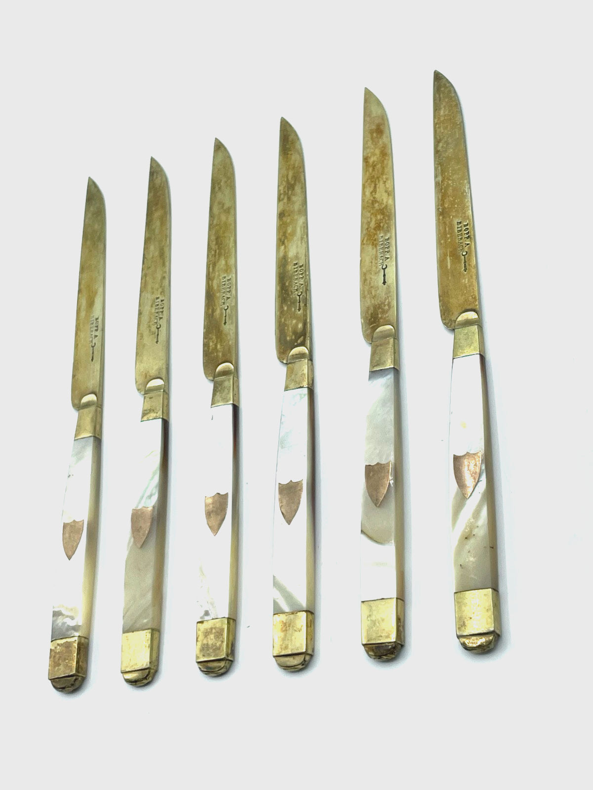 Antik 6 Dessert Messer Messing mit Perlmutt Griff BOPP. A Biberach um 1900 gepfl2