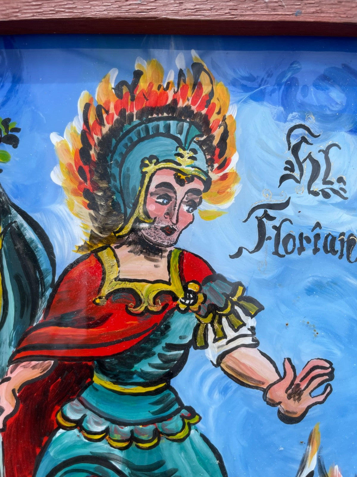 Große Hinterglasmalerei Hinterglasbild Schutzpatron Hl. Florian gerahmt signiert2
