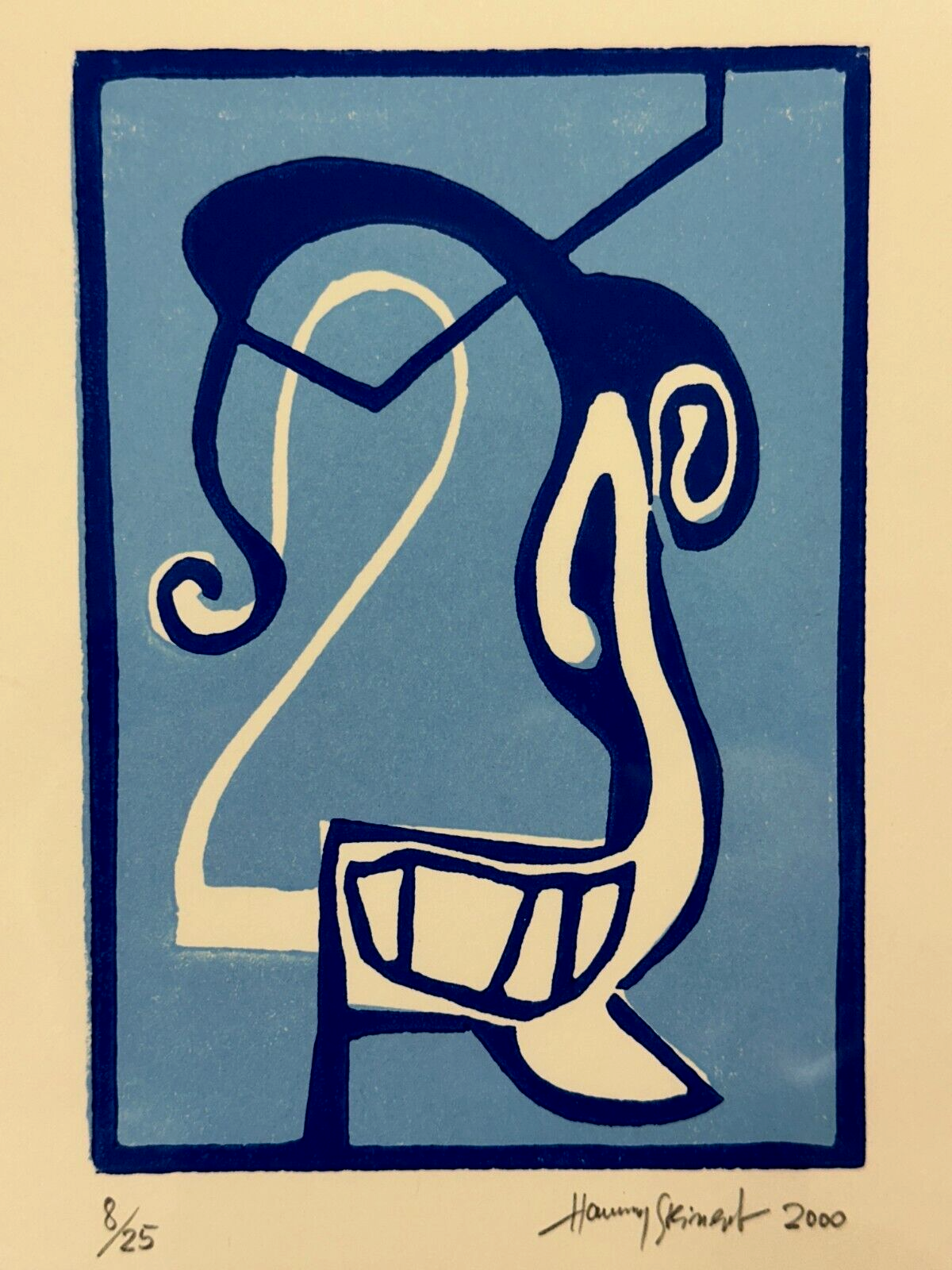 Hannes Steinert - Linolschnitt - 2000 - moderne Komposition in Blau - Signiert1