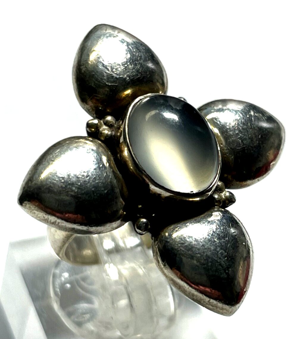 Stattlicher 925 Silber Ring Mondstein Cabochon Ø17mm RG 54 solide Qualität Blume0
