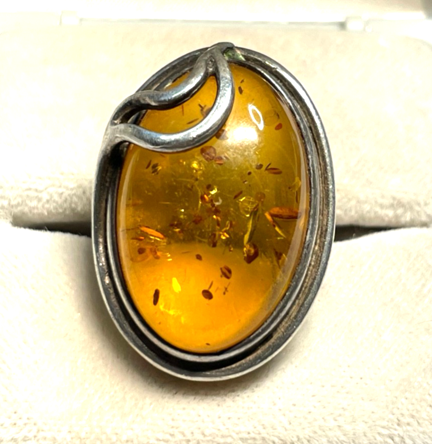 Aparter 925 Silber Ring Handarbeit Bernstein Cabochon RG 51 Ø 16,2 mm gepflegt9