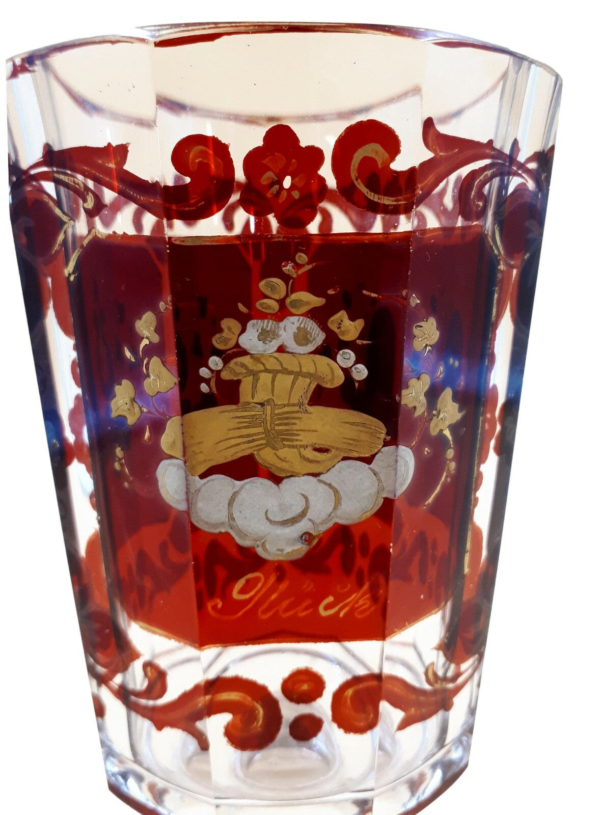 Biermeier Ranftbecher Freundschaftsbecher - 'Glück Freude Fleiß' - um 1820 Rubin5