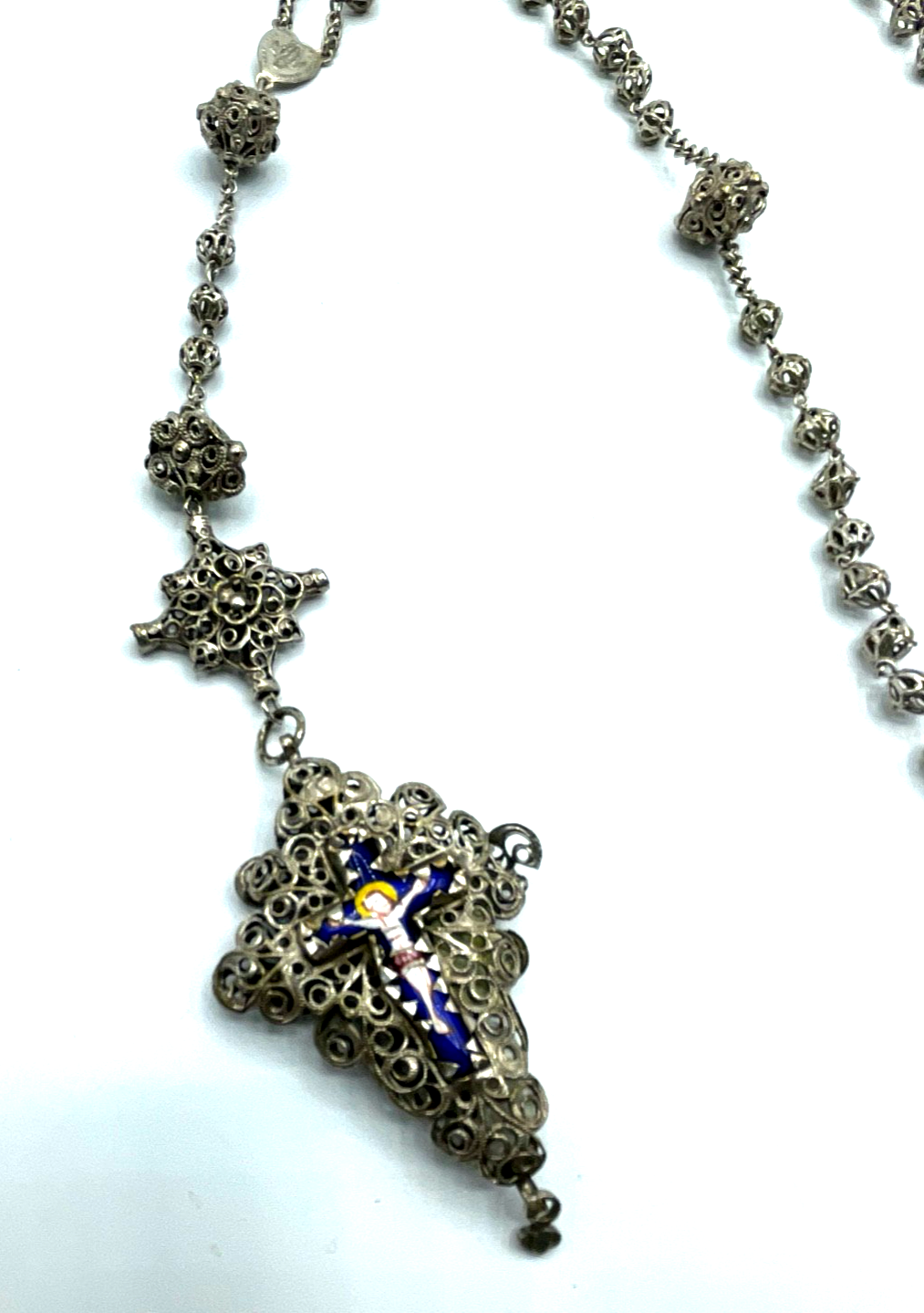 Antik Biedermeier Rosenkranz Filigran + Emaille Kreuz Perlen Filigransilber  A2