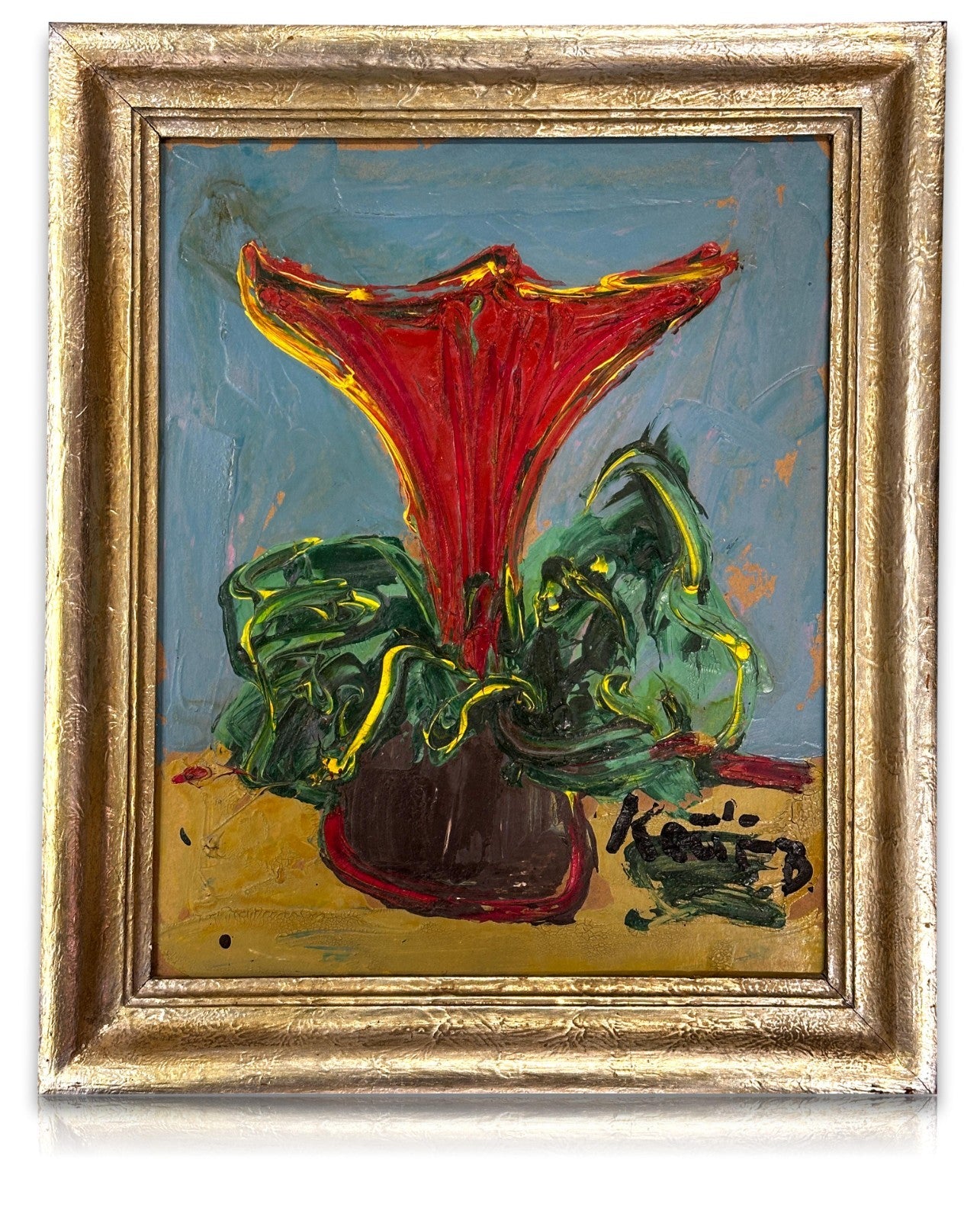 Bohumil Samuel Kečíř – Rote Blüte in Vase – pastose Spachtelmalerei -gerahmt0