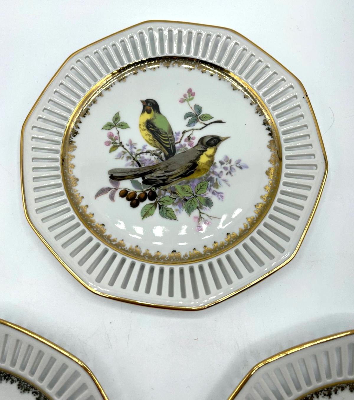3 Zierteller Winterling Porzellan Durchbruch Rand verschiedene Vögel + Golddekor1