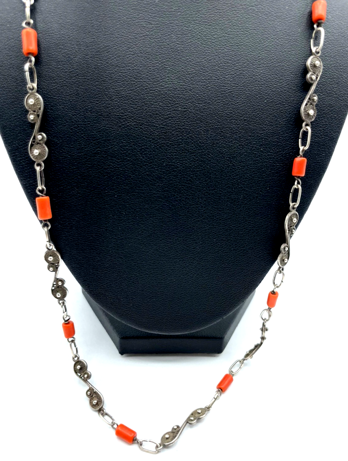 Traumhafte antik 835 Silber Kette mit Koralle 30er J Handarbeit L 68 cm B 6 mm2