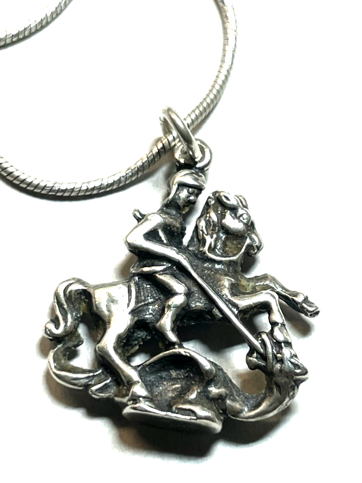 Vintage 925 Silber Anhänger Hl. Georg Drachentöter unisex + 925 Schlangenkette0