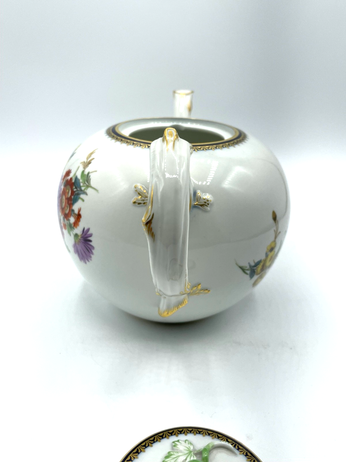 Antik Meissen Porzellan Teekanne 1. Wahl Blumenbukett Kobalt + Golddekor 1A Zust9