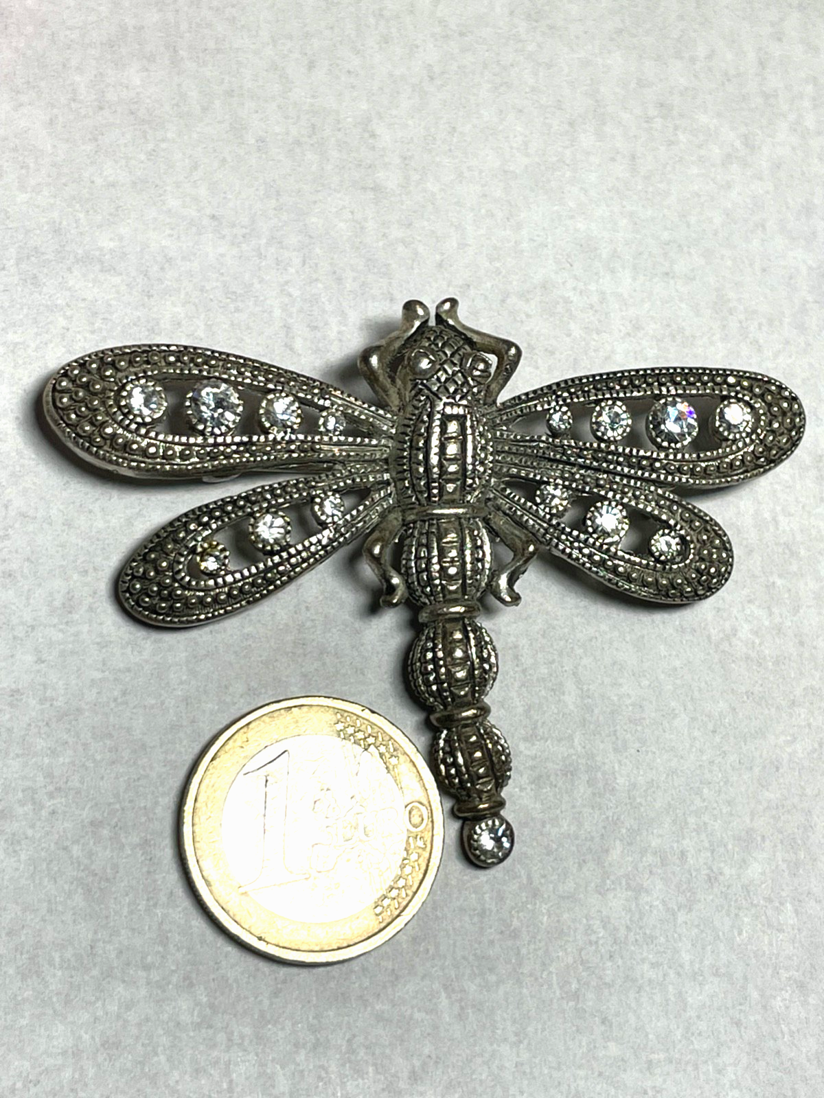 Vintage Modeschmuck Brosche große silberfarbige Libelle Dragonfly mit Strass8