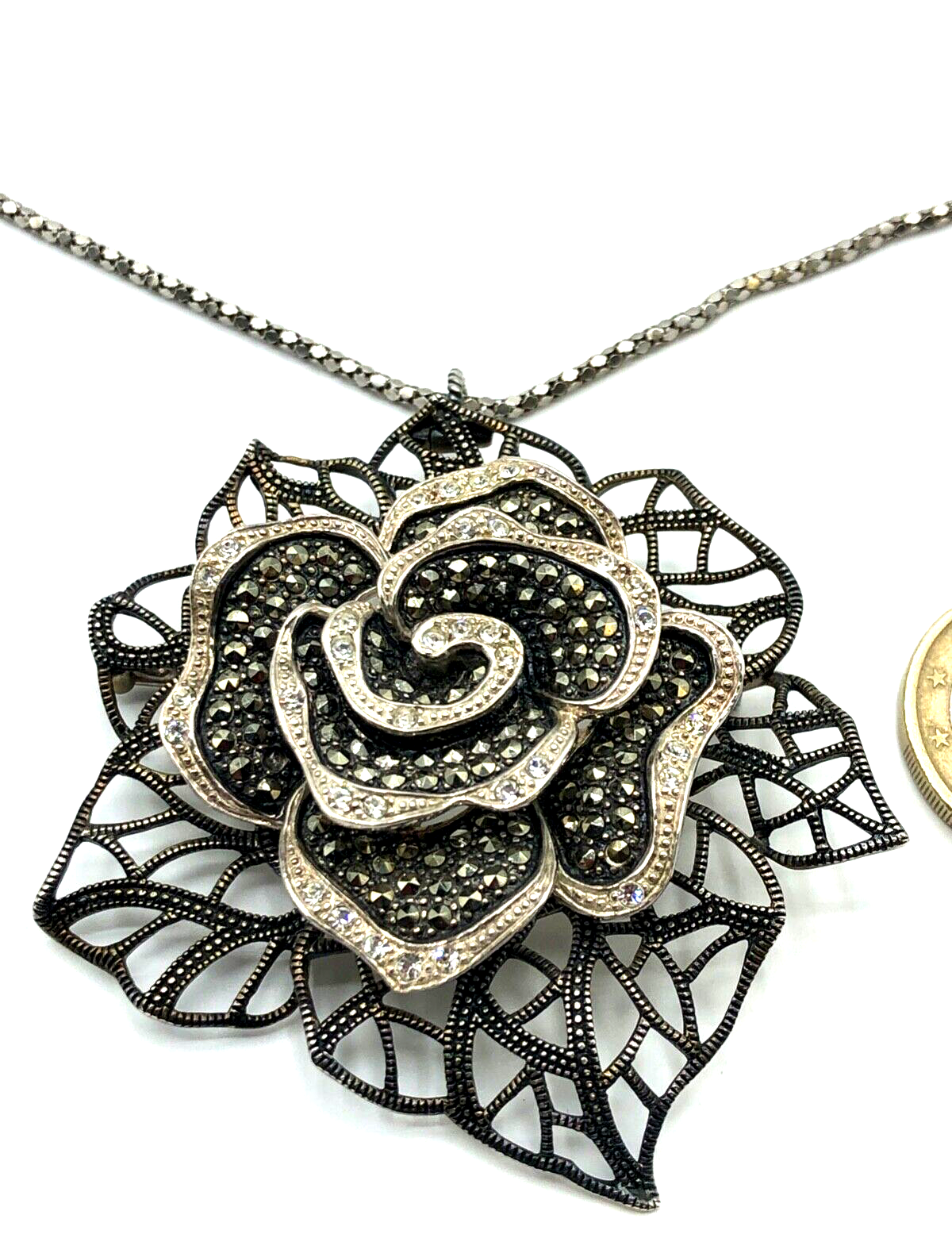 Mega TJM 925 Silber Anhänger Brosche Rose Markasiten Zirkonia + Kette Handarbeit3