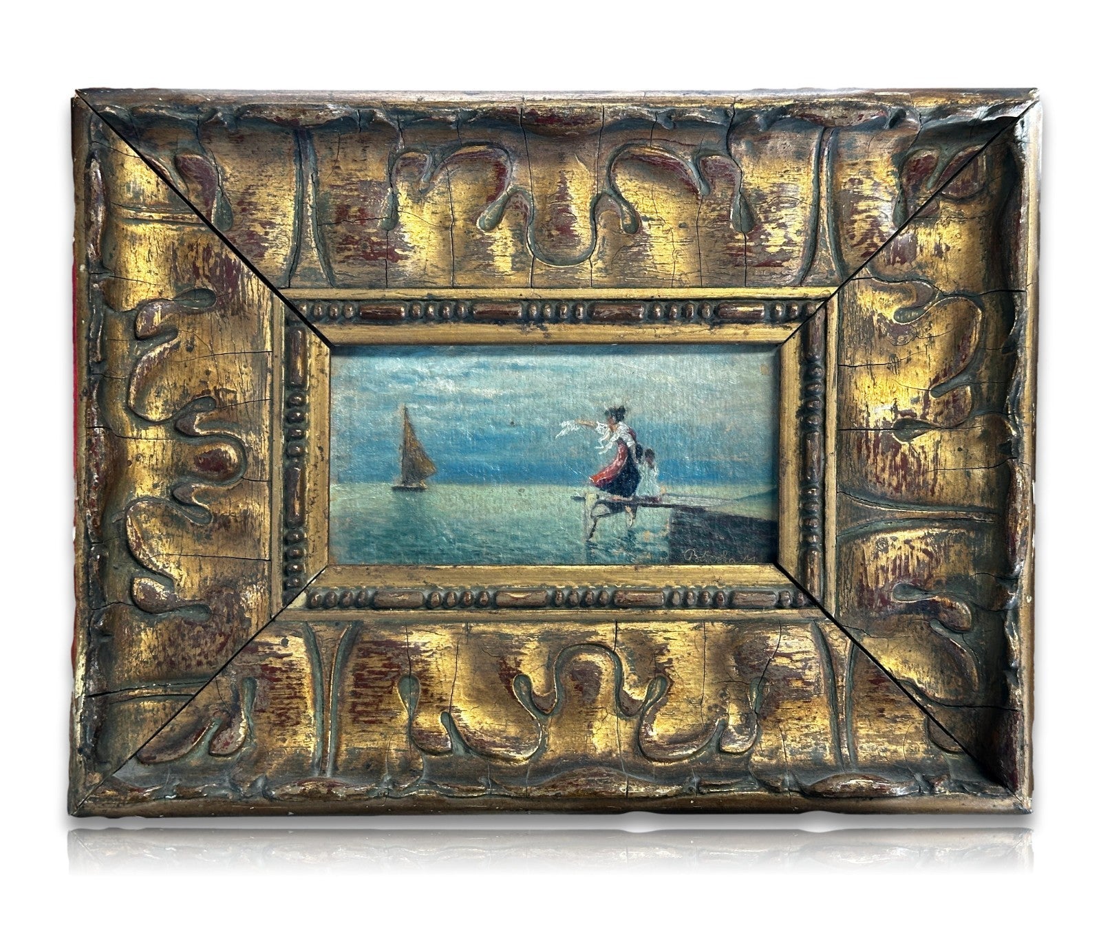 Feines spätromantisches Miniaturgemälde – Abschiedsszene am Meer - ca. 18600