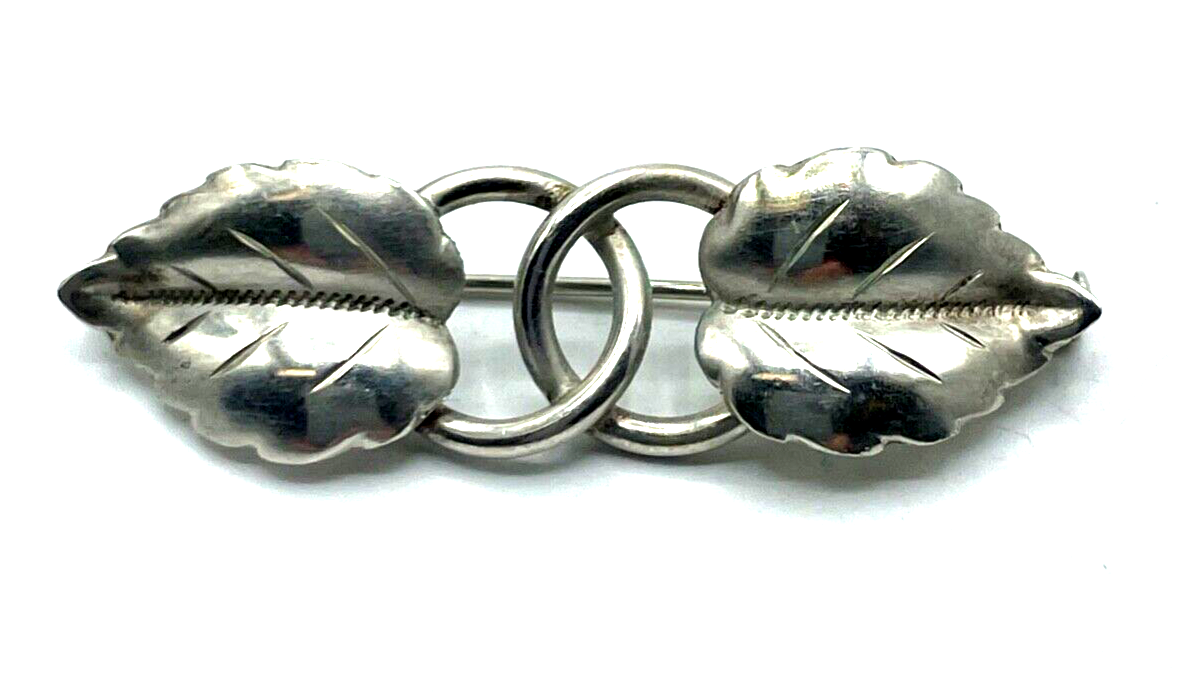 Antik 800 Silber Brosche Anstecknadel 2 Blätter Design Handarbeit 30erJ L 47 mm7