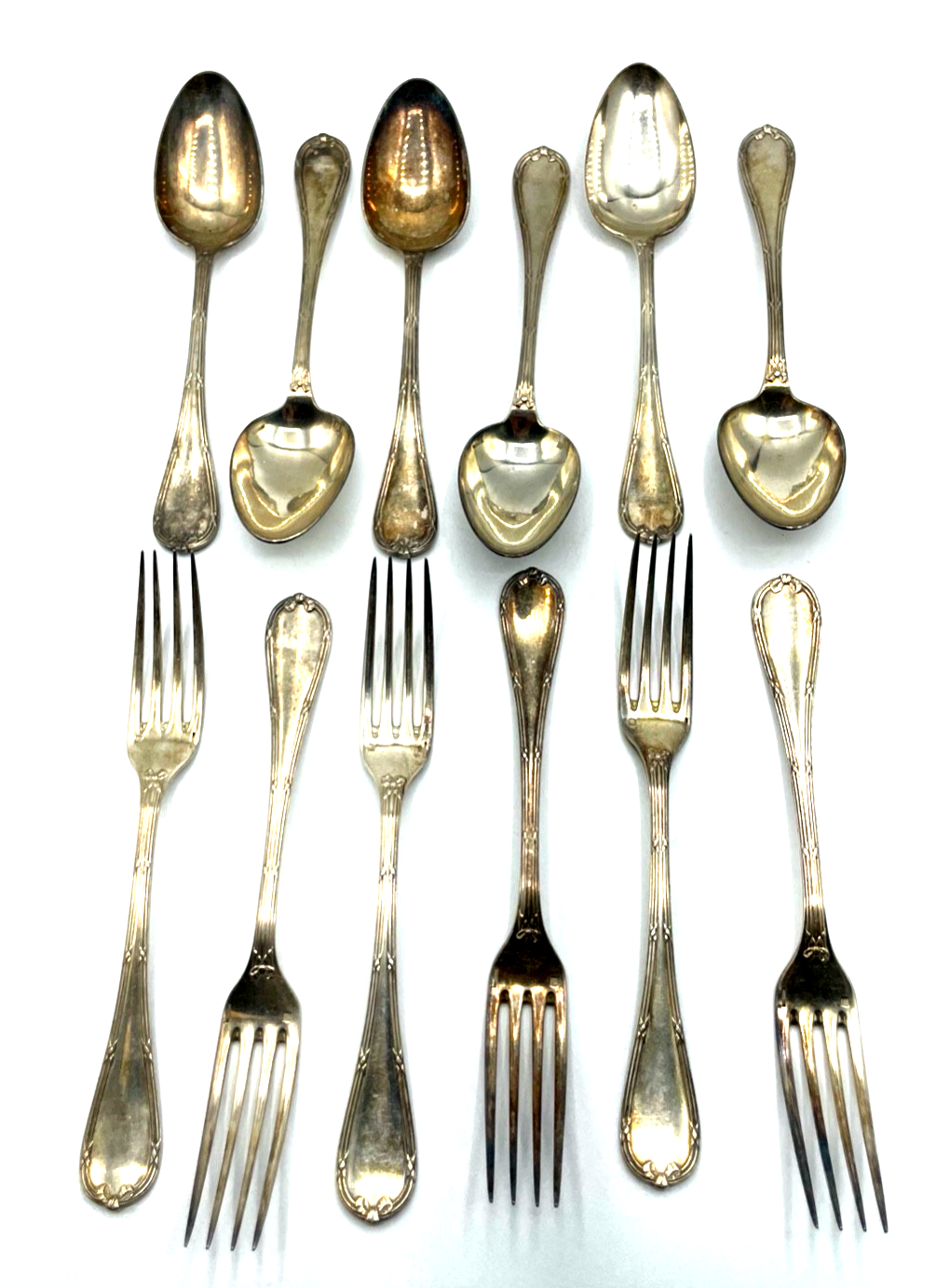 Antik Christofle 6 Gabeln 6 Löffel Rubans Kreuzband Muster versilbert rar0