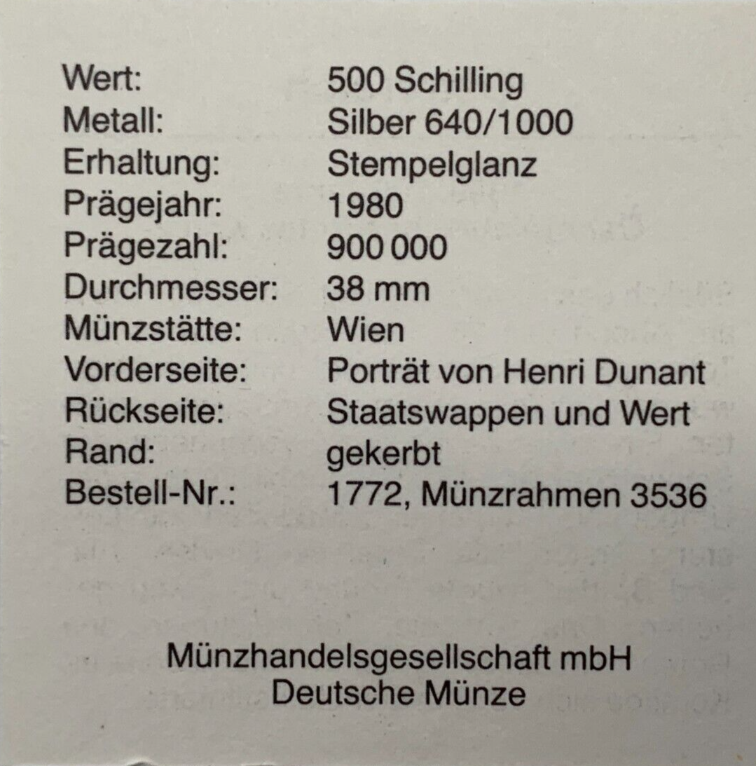500 Schilling Österreich - Silber Münze - 100 Jahre Österr. Rotes Kreuz - Stgl3