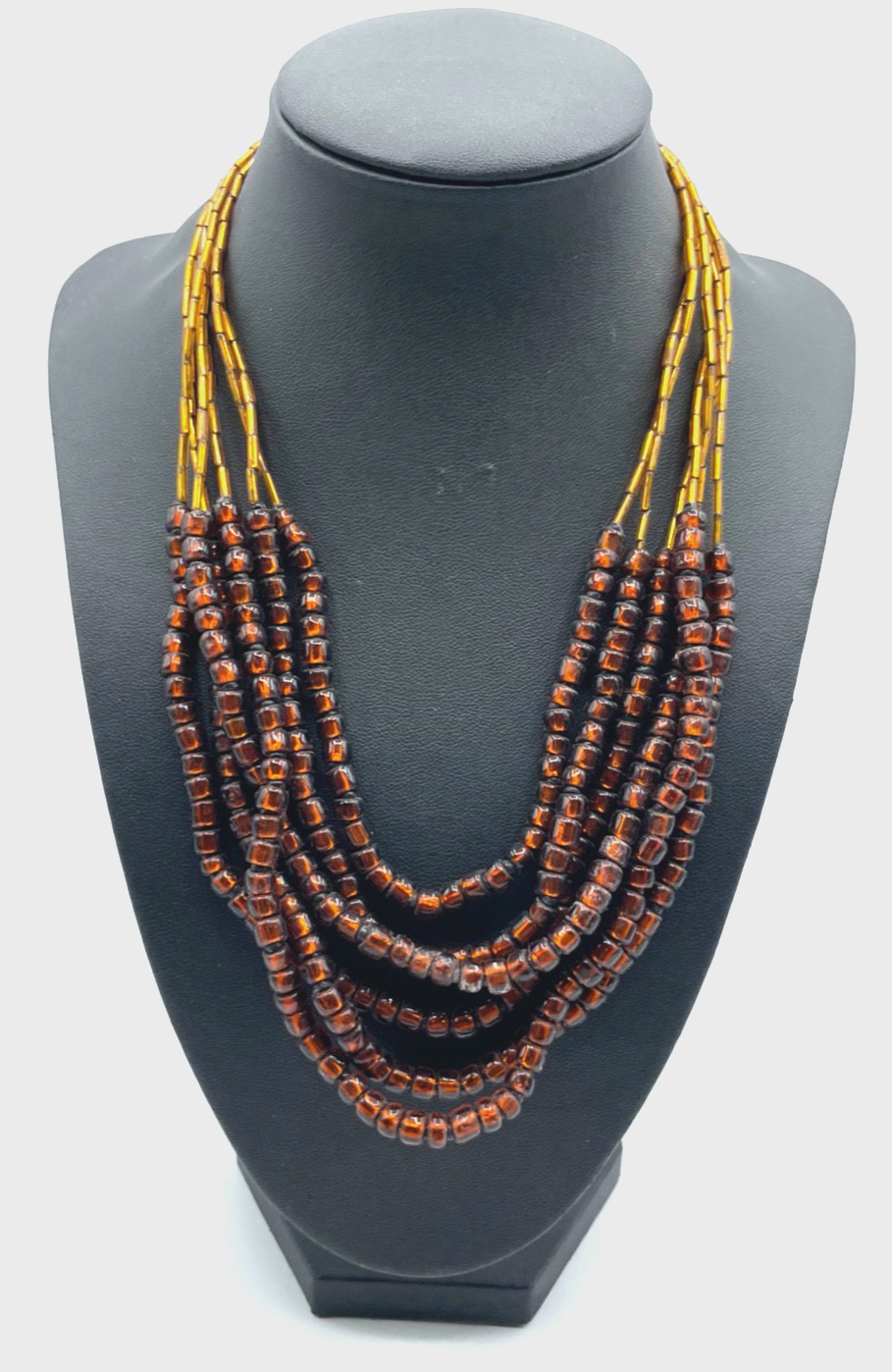 Vintage aparte mid-century Halskette Glasperlen Collier 6 reihig Goldbronze Farb0