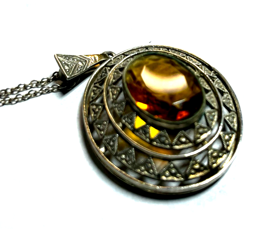 Antik 835 Silber Kette mit großer Anhänger Citrin cognac farbig 20er J gepflegt13