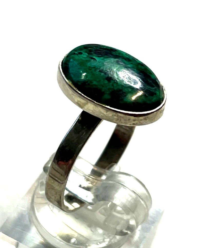 Solider 925 Silber Ring Chrysokoll Cabochon Besatz Handarbeit Ø 17 mm RG 542