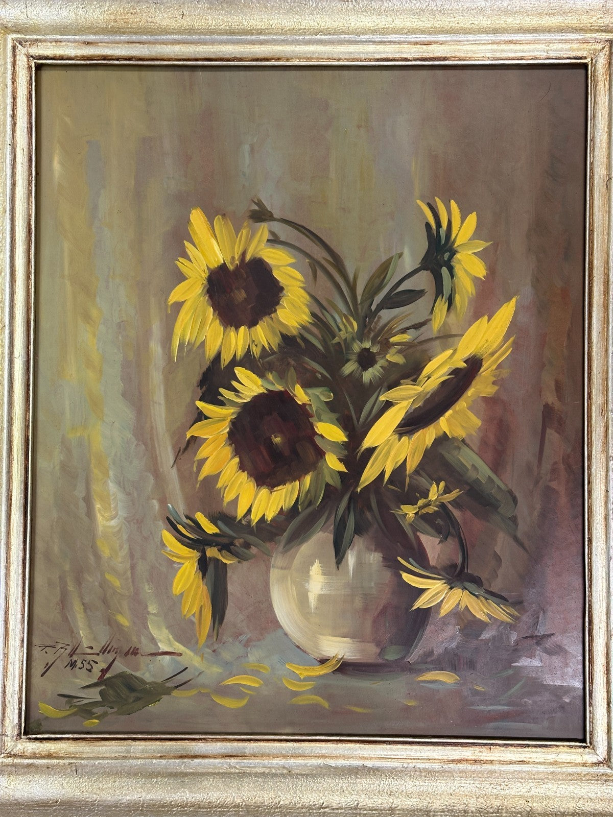 Sonnenblumen im Krug – Öl auf Hartfaser - sign. „F. Lamy“ (1955) - Mid-Century1