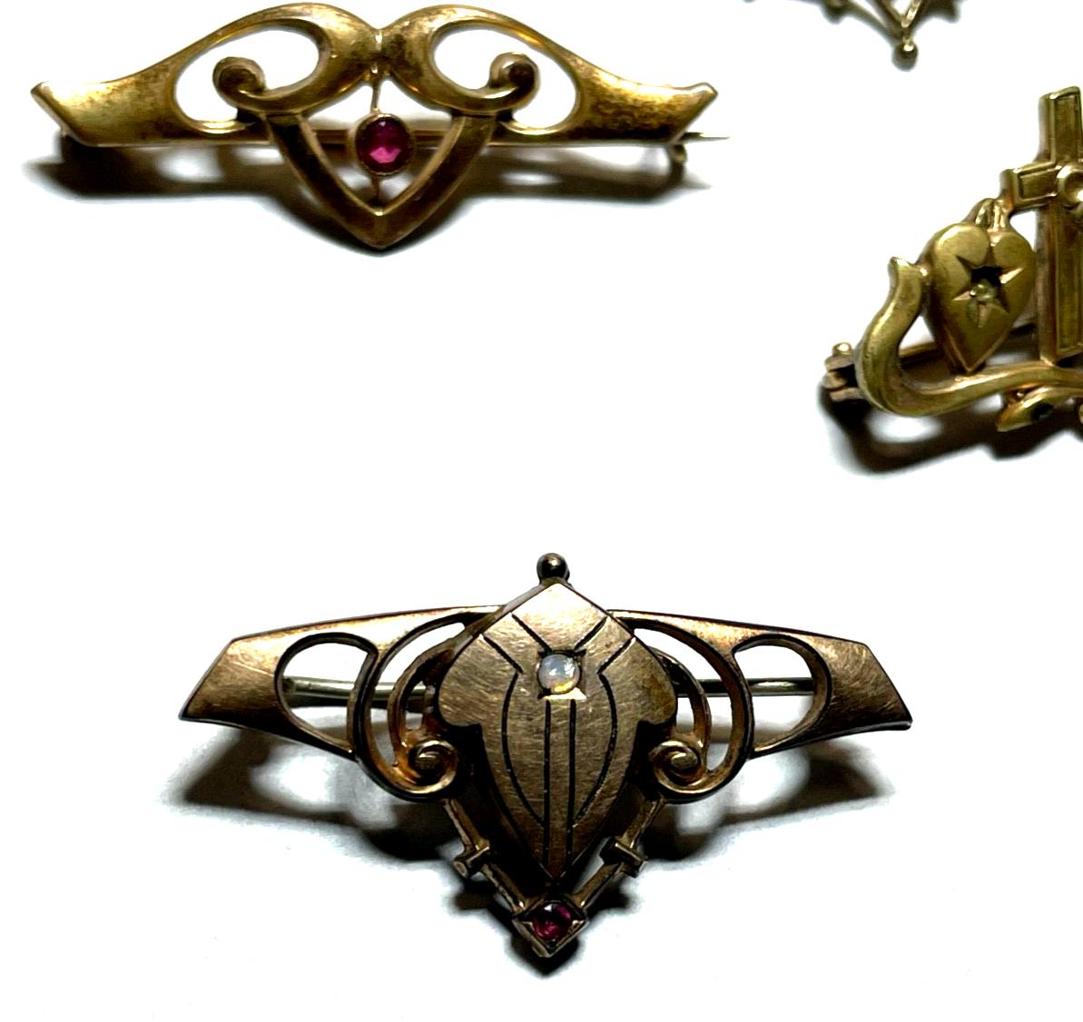 Antik 4 x Jugendstil Brosche Konvolut  Golddouble mit Farbsteinen gepflegt4