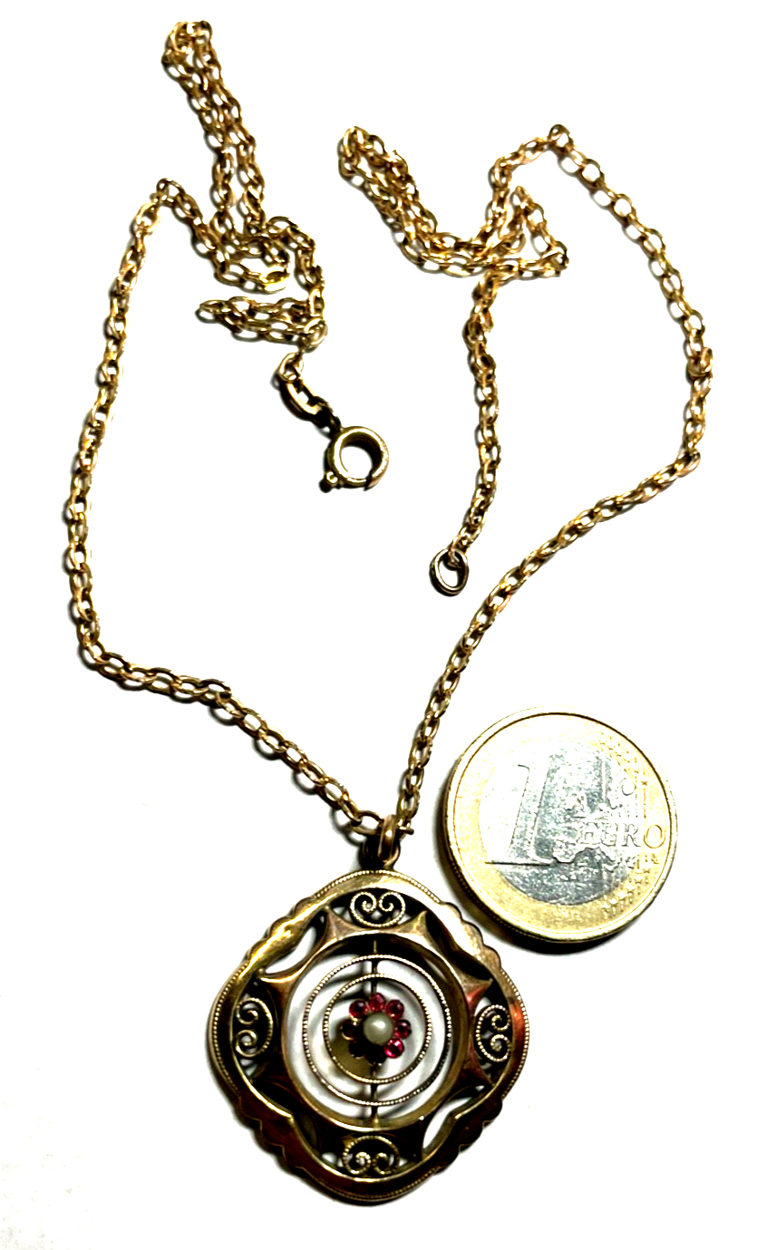 Jugendstil Anhänger mit Kette Rotgold farbig Golddouble Farbsteinchen Perle gepf2