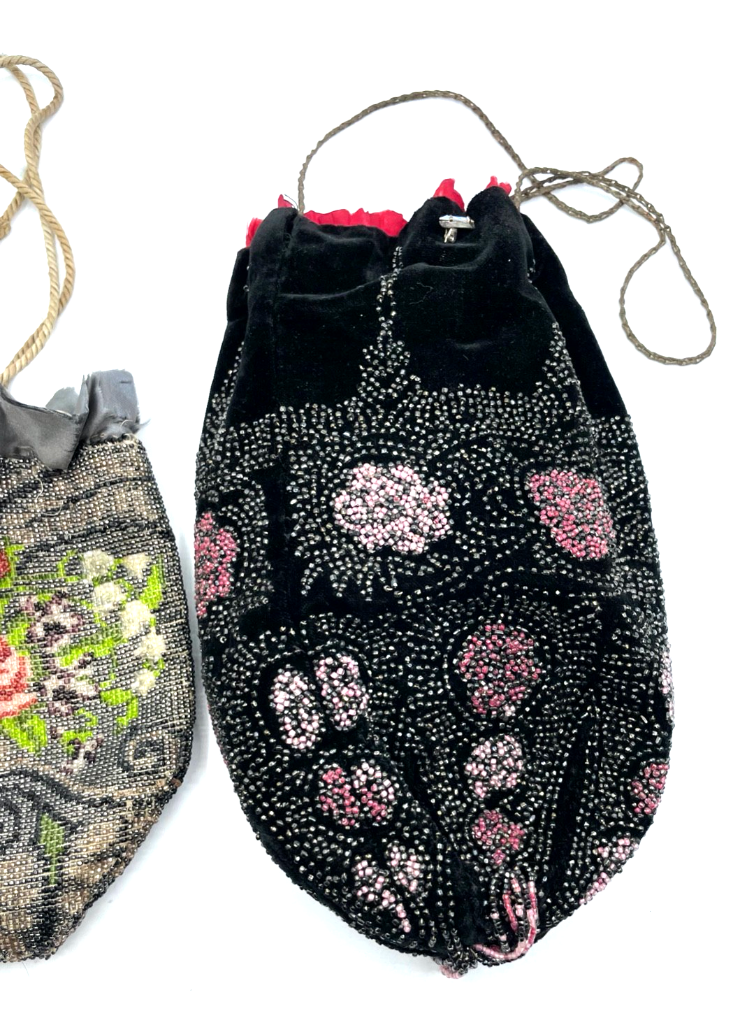 2 Antik Pompadour Glasperlen Tasche Perlenbeutel Handarbeit Perlentasche um 19004