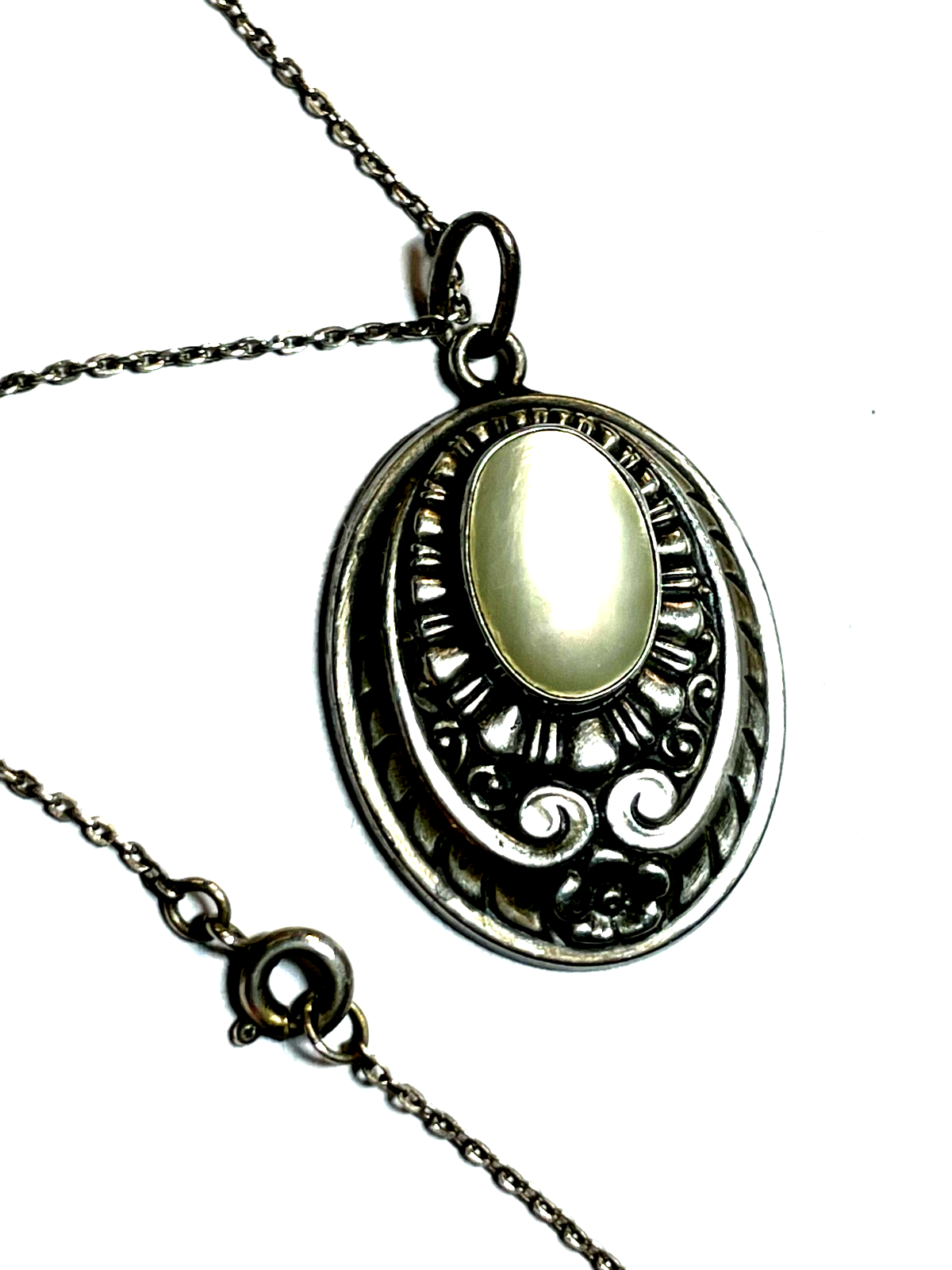 Antik Jugendstil 800 Silber Kette mit Anhänger Perlmutt Einlage sehr gepflegt5
