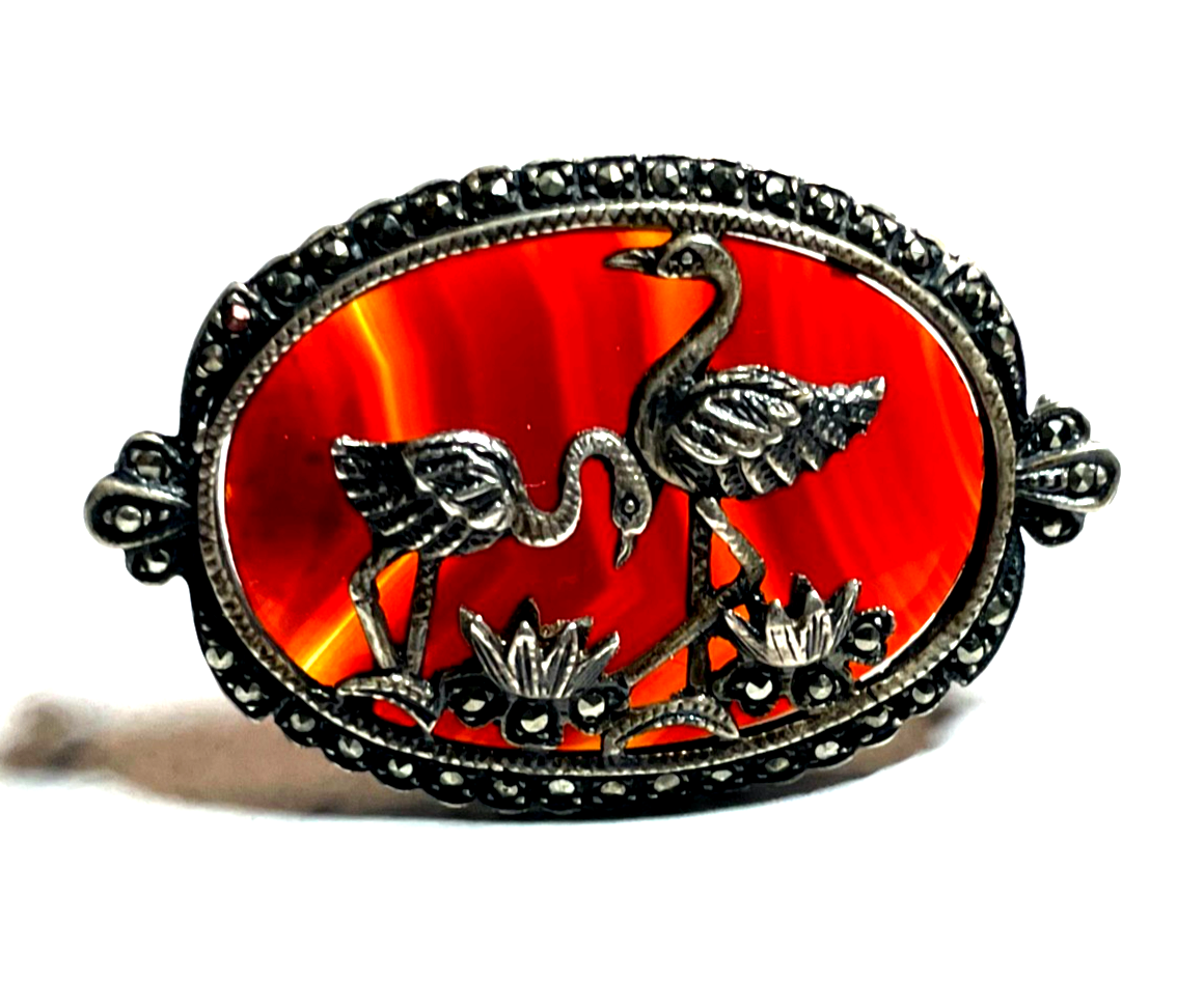 Antik Silber Brosche Anstecknadel Streifenachat Kraniche Markasiten Art Déco5