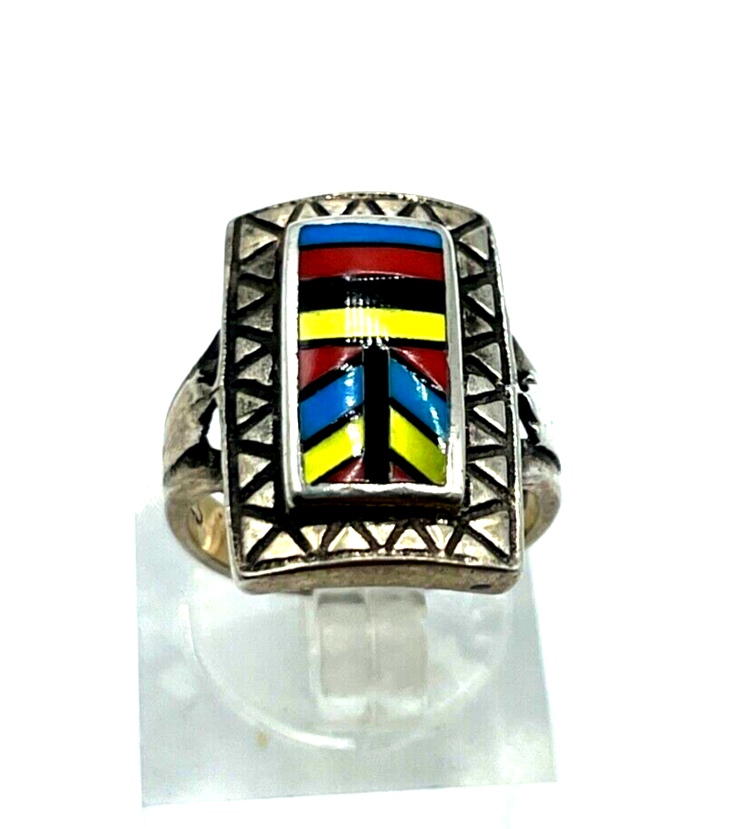 925 Sterling Ring Zuni Indianerschmuck Edelstein Inlay Handarbeit Ø 15 mm RG 472
