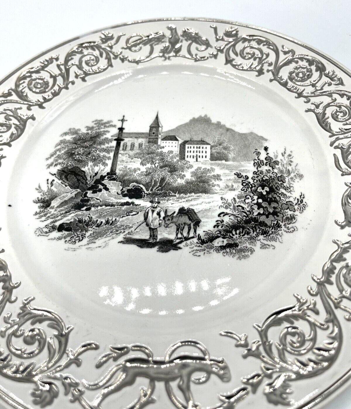 * Antik 3 Keramik Teller Landschaft Szenerie vor 1900 Silber Rand Dekor Ø 18,2cm8